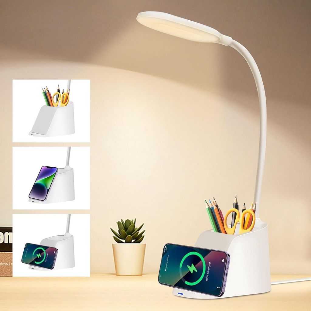 Schreibtischlampe LED Schwanenhals, 3 Farben Stufenlos Dimmbare Tischlampe, 360°Flexibler  Tischleuchte, Kinder Leselampe