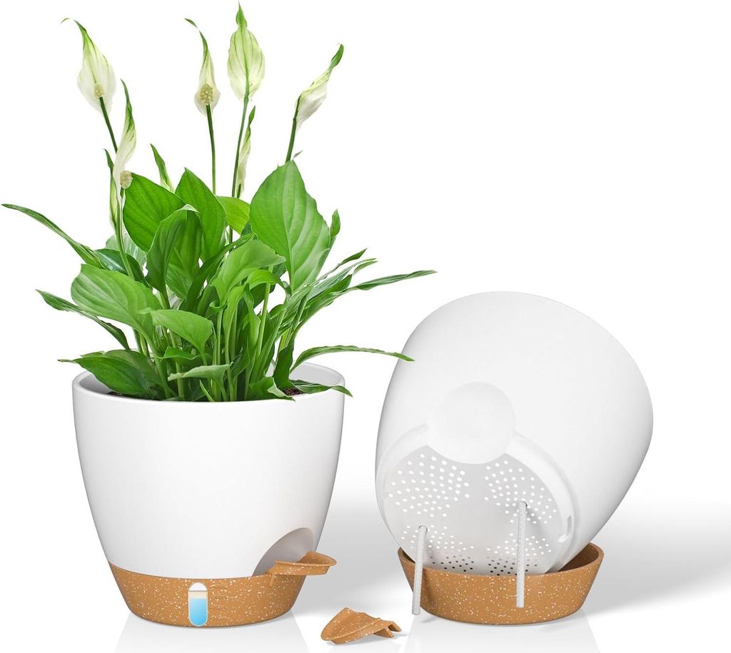 20 cm Selbstbewässernde Pflanzenübertöpfe mit Wasserzufuhr und Drainage für Innen und Außen (Weiß, Set von 2)
