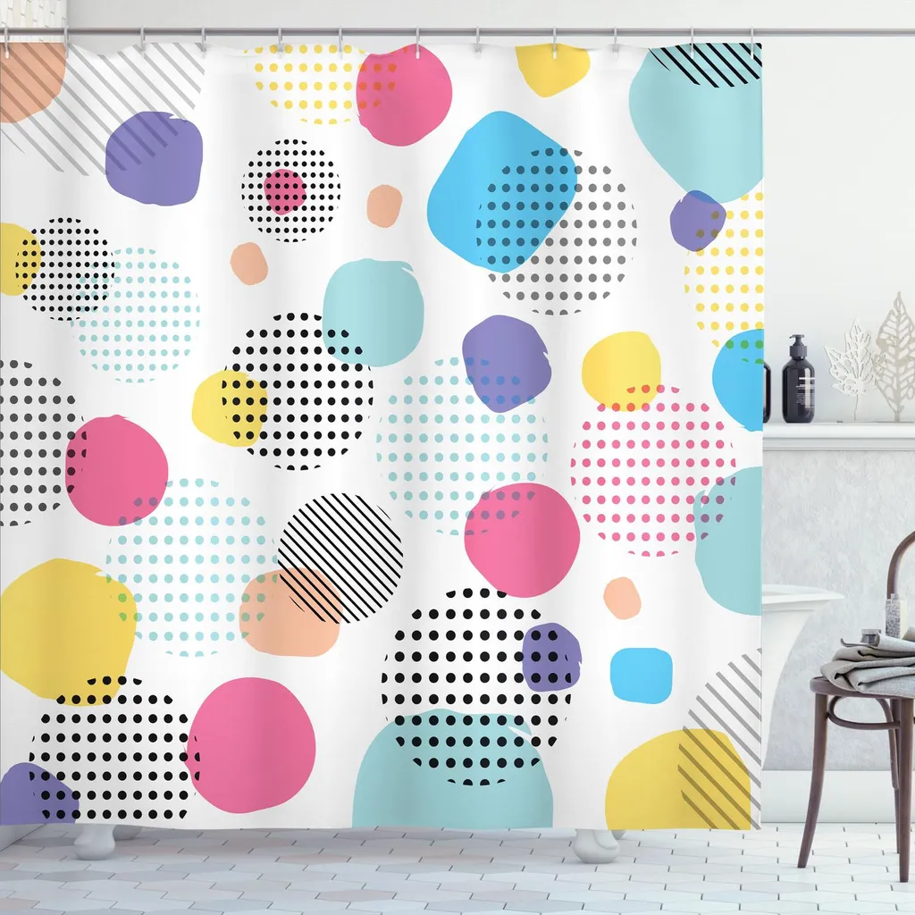 ABAKUHAUS Tenda da doccia a pois, stampa vivace e contemporanea con grandi macchie, mini pois e strisce, 175 x 180 cm, multicolore