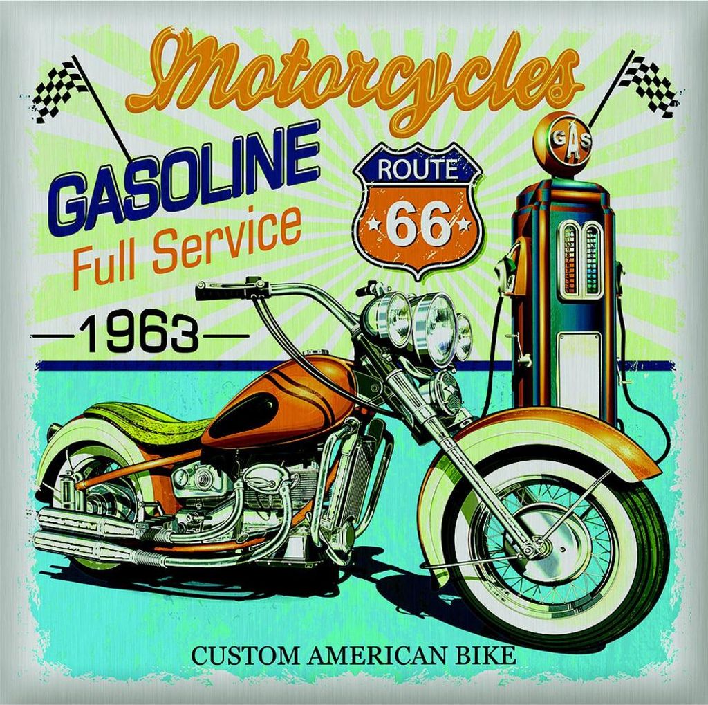 Sticker Vintage Motorrad Route 66 mit Benzinpumpe - 1 Bogen 30 x 30 cm
