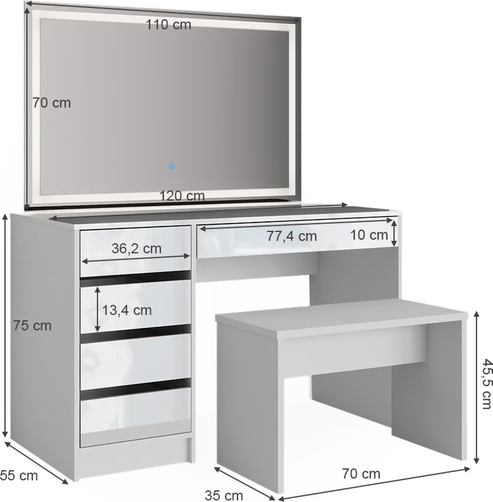 Grande Coiffeuse 120cm Blanche Vicco Sherry avec Éclairage LED Chic - 3