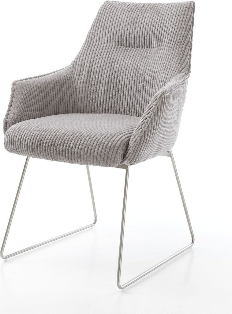 DELIFE Esszimmerstuhl Alja-Flex mit Armlehnen Cord Silbergrau Kufengestell Edelstahl Taschenfederkern