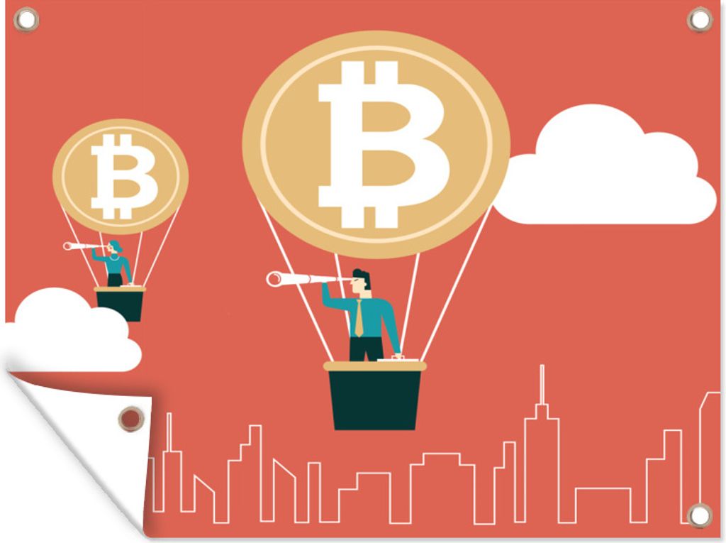 MuchoWow 80x60 cm Outdoor-Poster Gartendeko Sichtschutz Garten Poster für den Garten Geschäftsmann und Geschäftsfrau im Bitcoin-Heißluftballon