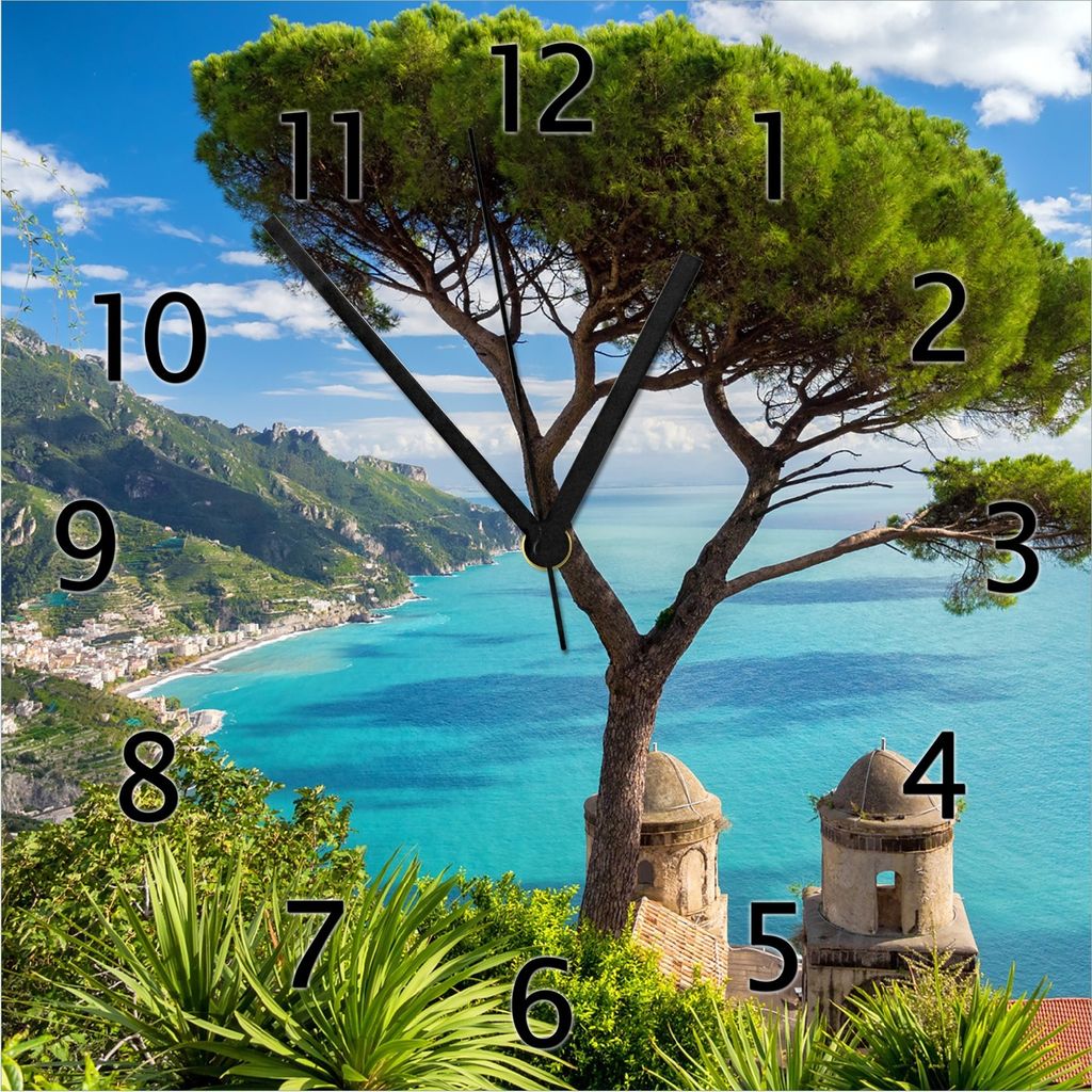 Wallario Design Wanduhr Italienische Küste aus Echtglas, Größe 30 x 30 cm
