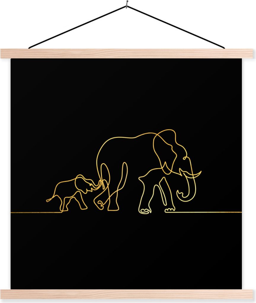 MuchoWow Textilposter Elefant - Gold - Schwarz - Einfach 120x120 cm mit holzfarbenen Rahmen - Textil-Poster