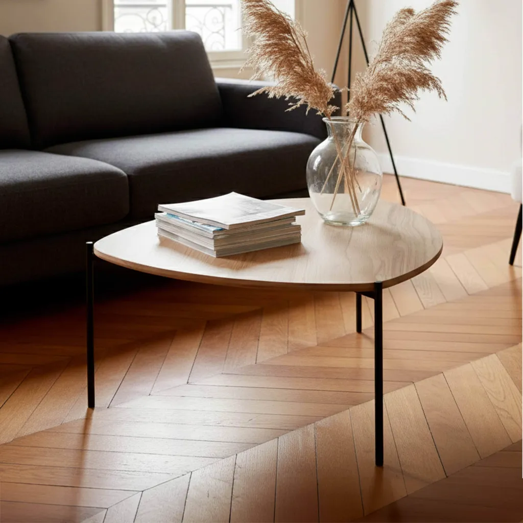 Table basse effet bois et acier triangulaire - Design Robuste et Moderne - 5