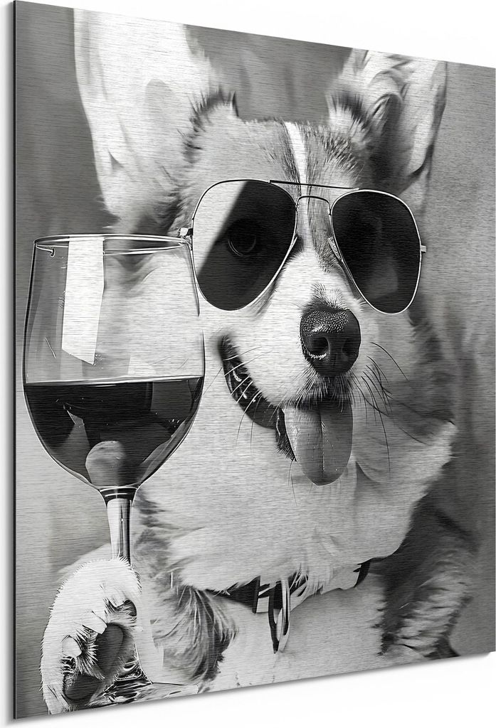 DEQORI Alu-Dibond Bild Silber 50x50 cm 'Corgi mit Klasse' Wandbild Metall dünn Design