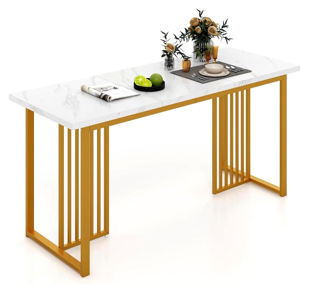 Esstisch in Marmoroptik, Küchentisch 160 x 60 cm für 6-8 Personen, Rechteckiger Esszimmertisch mit Metallbeinen