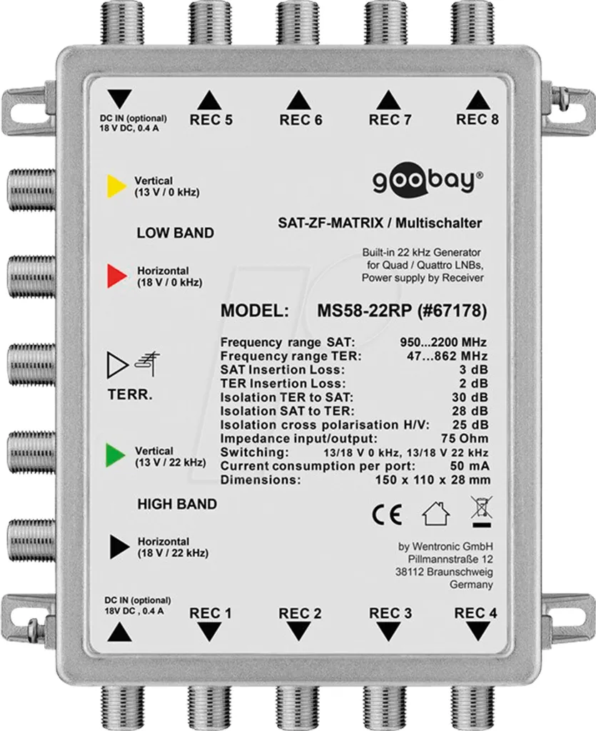 Goobay 67178 Commutateur multiple SAT passif 5 entrées et 8 sorties argent