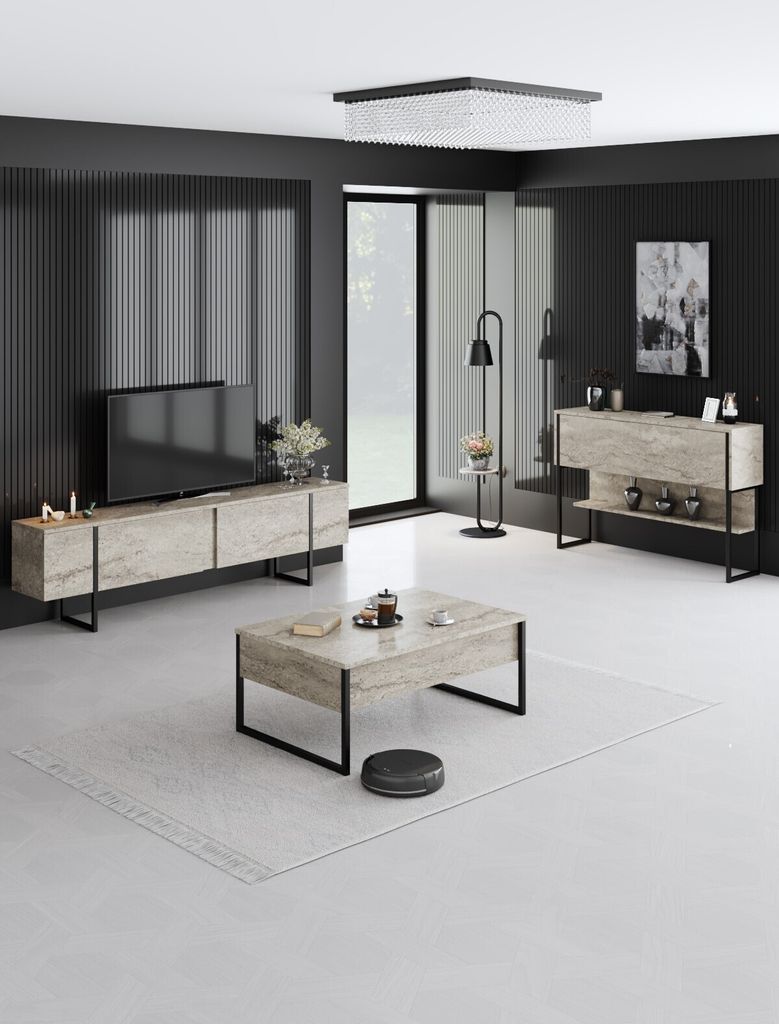 Skye Decor, Luxe Set - Travertine, Black, Wohnzimmer, Wohnzimmermöbel-Set, Travertin, 180 x 47 x 30 cm