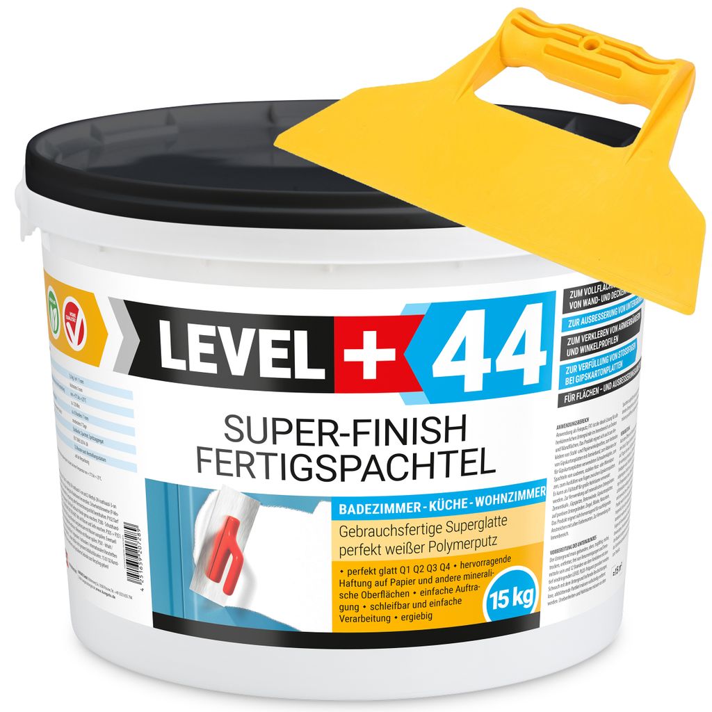 Super Finish Fertigspachtel Q1-Q4 Spachtelmasse 15kg Perfekt Glatt Weiß Innenbereich + Kunststoffspachtel Fugenspachtel ohne Zahnung Set RM44
