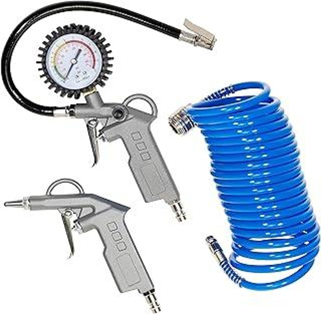 Güde Druckluft-Set 3-tlg. Metall (3-teilig: Reifenfüller, Spiralschlauch 5 m, Ausblaspistole (jeweils mit Stecknippel) für Kompressoren bis max....