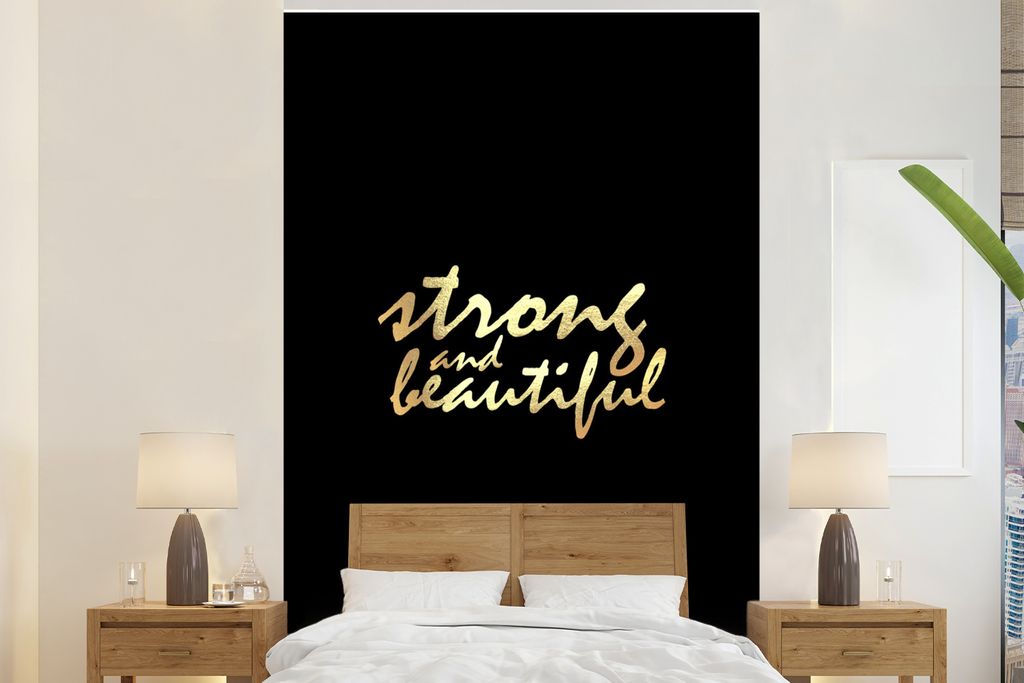 MuchoWow Fototapete für Wohnzimmer oder Schlafzimmer Wandtapete Vinyl Motivtapete Zitate - Motivation - Schwarz - Gold - 200x300 cm - Wanddekora...