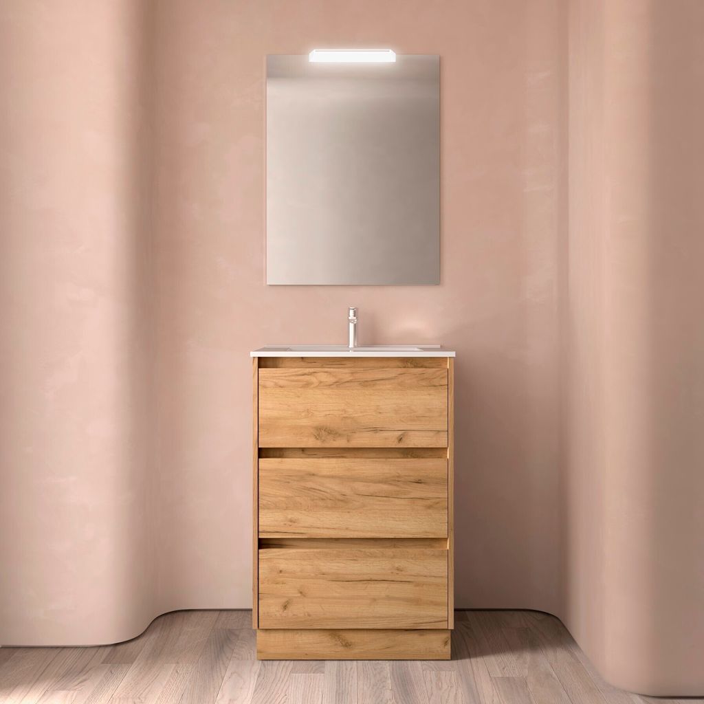 Noja Komplett-Set 600 3 Schubladen EICHE AFRIKA + Waschtisch + Spiegel + Leuchte