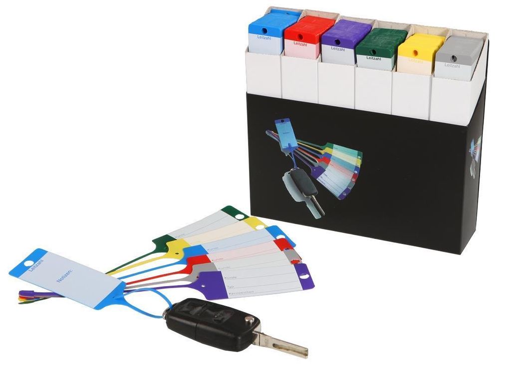 Aufbewahrungsbox für Schlüssenanhänger "FIX", passend für 6 versch Farben, freistehend oder zur Wandmontage geeignet, Schwarz, Set Box + 6 VE S...