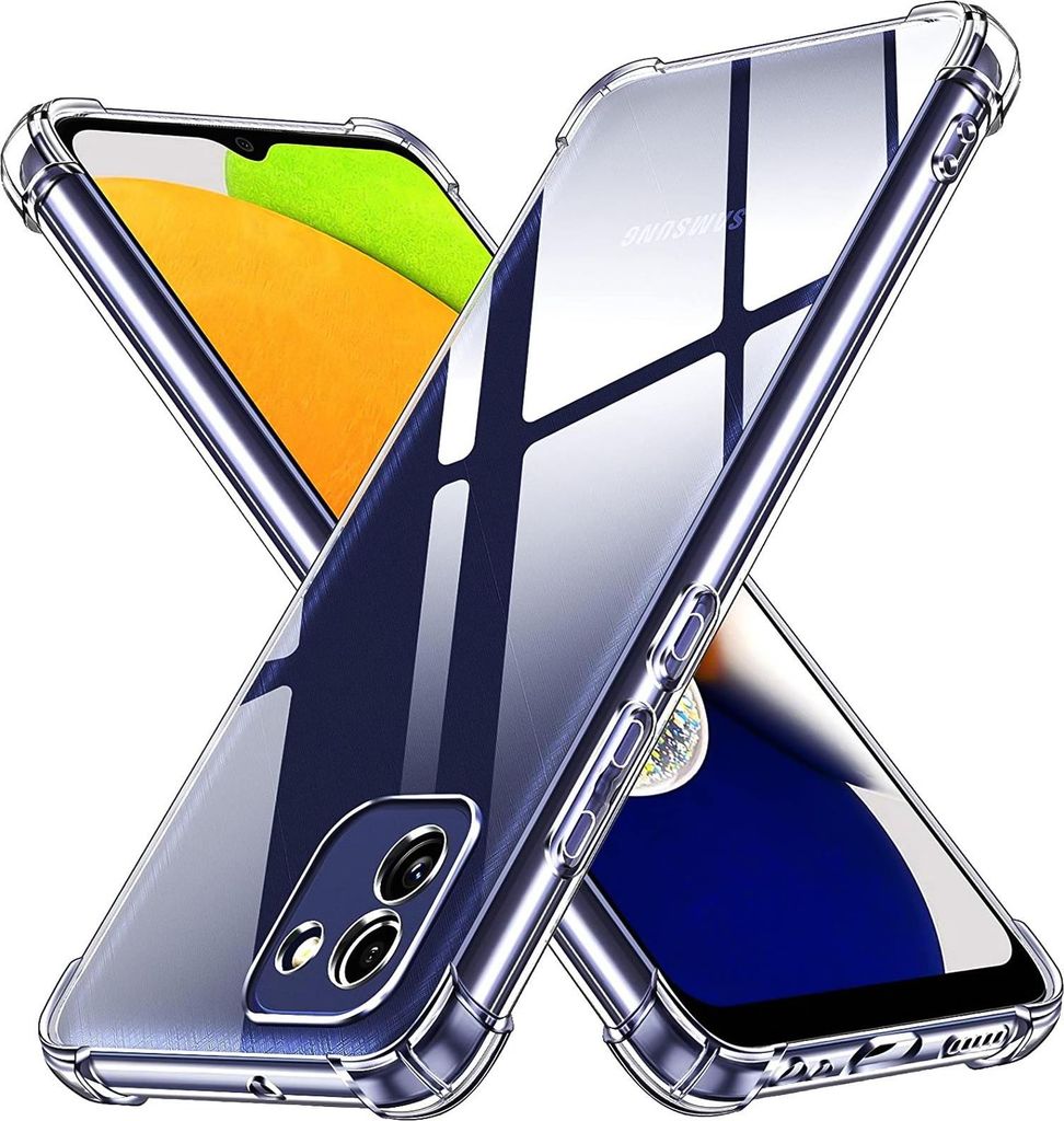 Two transparent phone cases are shown crossed over each other, with the screens of the phones inside visible.