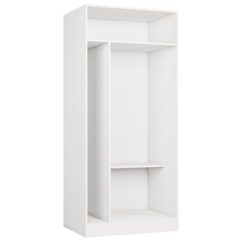 An empty white wardrobe with shelves.