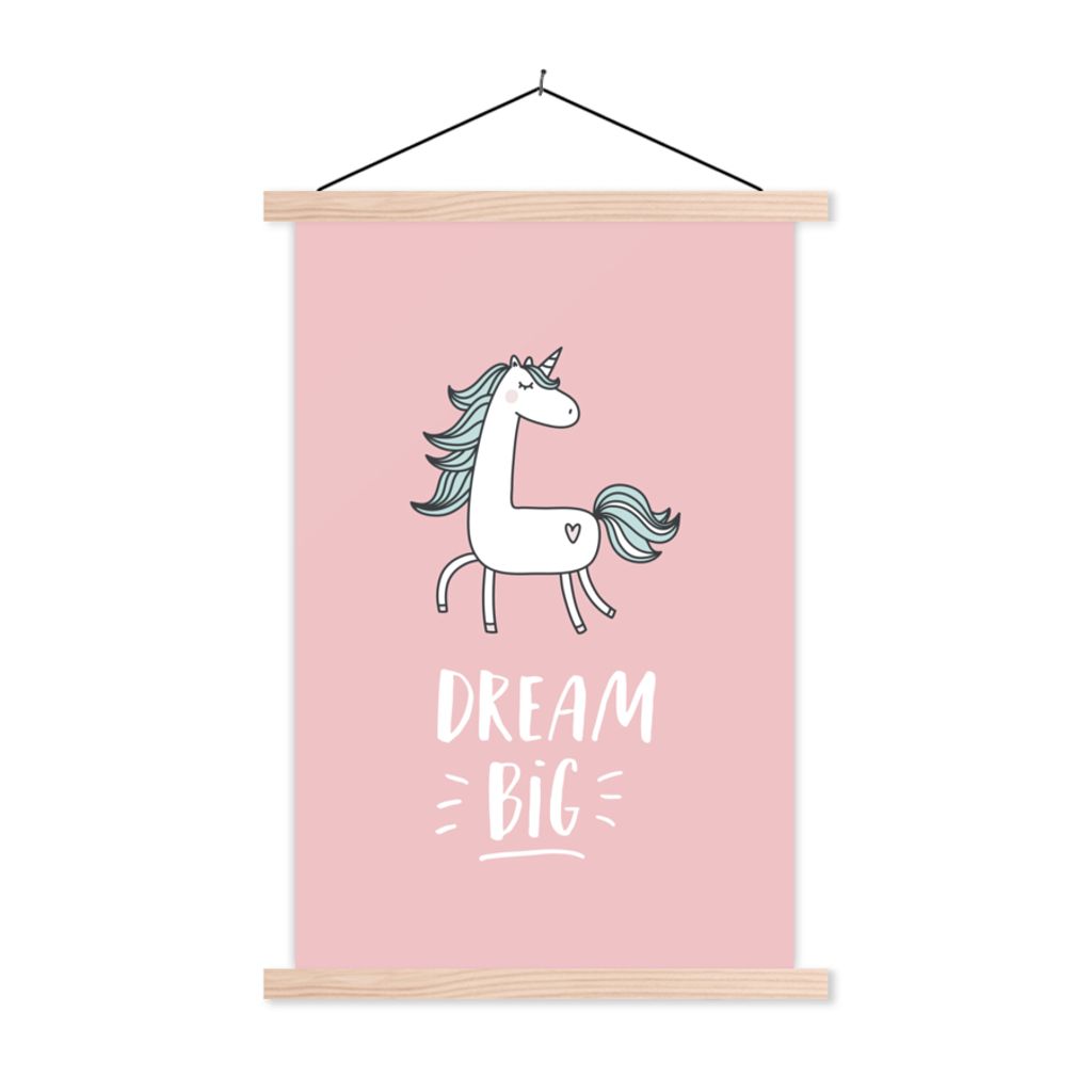 MuchoWow Textilposter Einhorn - Kinder - Zitate - Große Träume - Mädchen - Rosa 60x90 cm mit holzfarbenen Rahmen - Textil