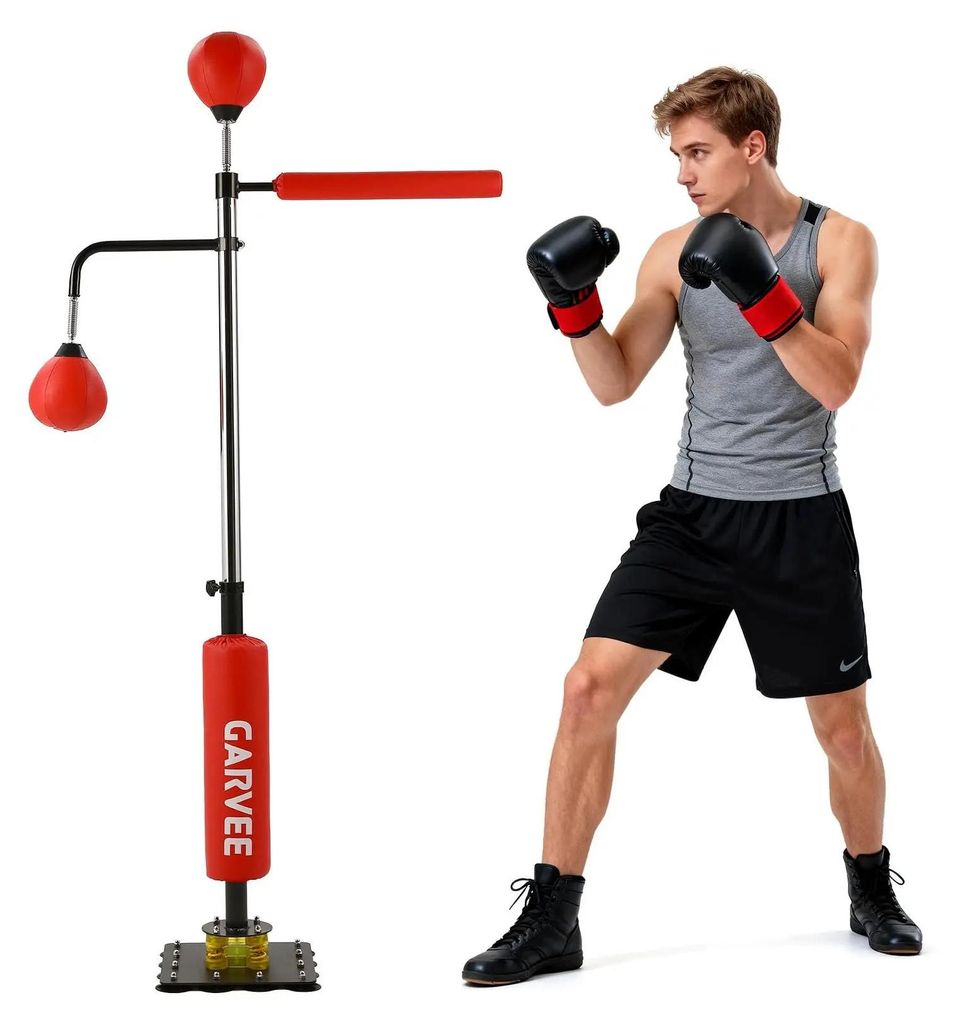 Stand-Boxsack - Boxstation - 2 Speedbälle - 360° Reflexstange - Höhenverstellbar 140–205 cm - Bodenplatte 106 cm
