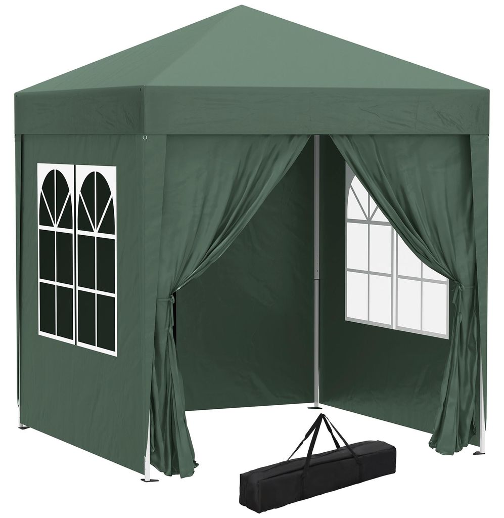 Faltpavillon, Bierzelt, 4 abnehmbare Seitenwände, 2 Fenster, Metallrahmen, 2 x 2m, Dunkelgrün, Stahl