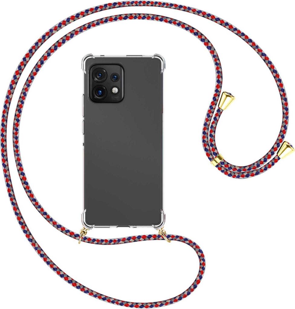 Handykette Backcover-Schutzhülle mit Band (Metall goldfarben) für Motorola Edge 40 Pro (Moto X40) - silber/blau/rot