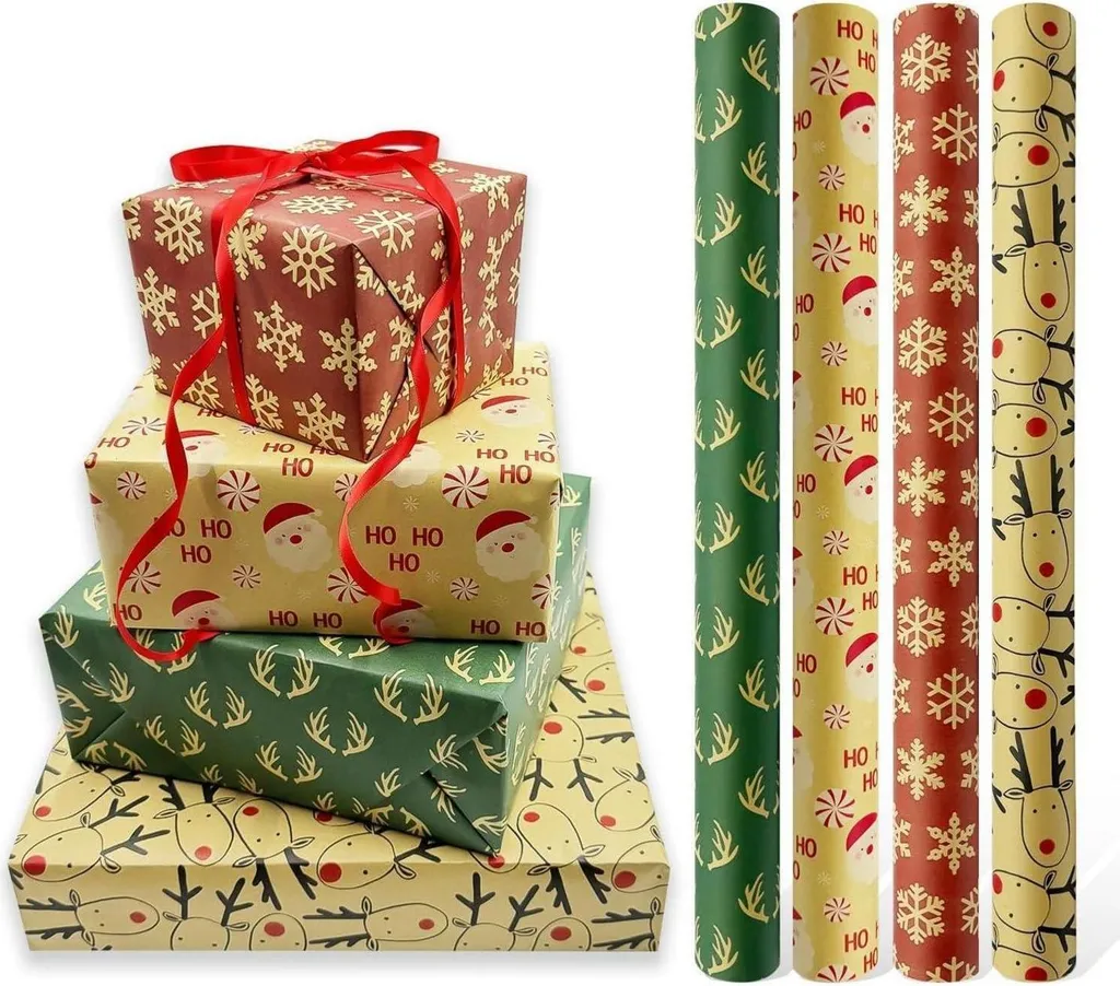 Assortiment de Papier Cadeau Kraft Noël - 4 Rouleaux 43cm x 3m
