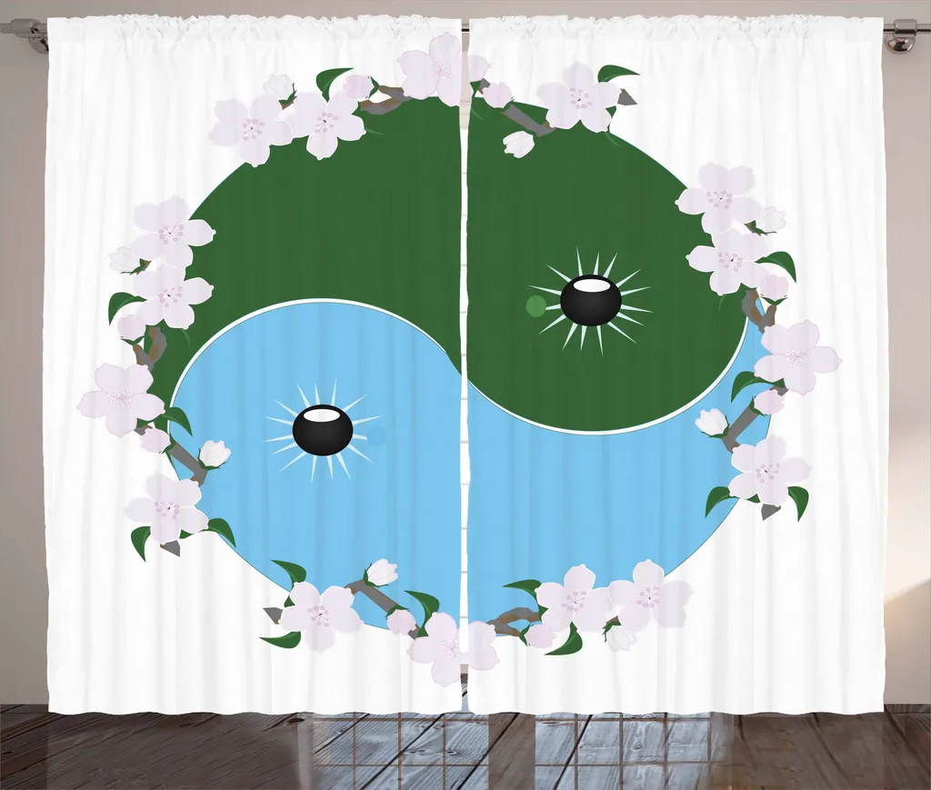 ABAKUHAUS Yin-Yang Tenda rustica, fiori di ciliegio giapponesi, tenda con passanti e ganci per camera da letto, 280 x 175 cm, multicolore
