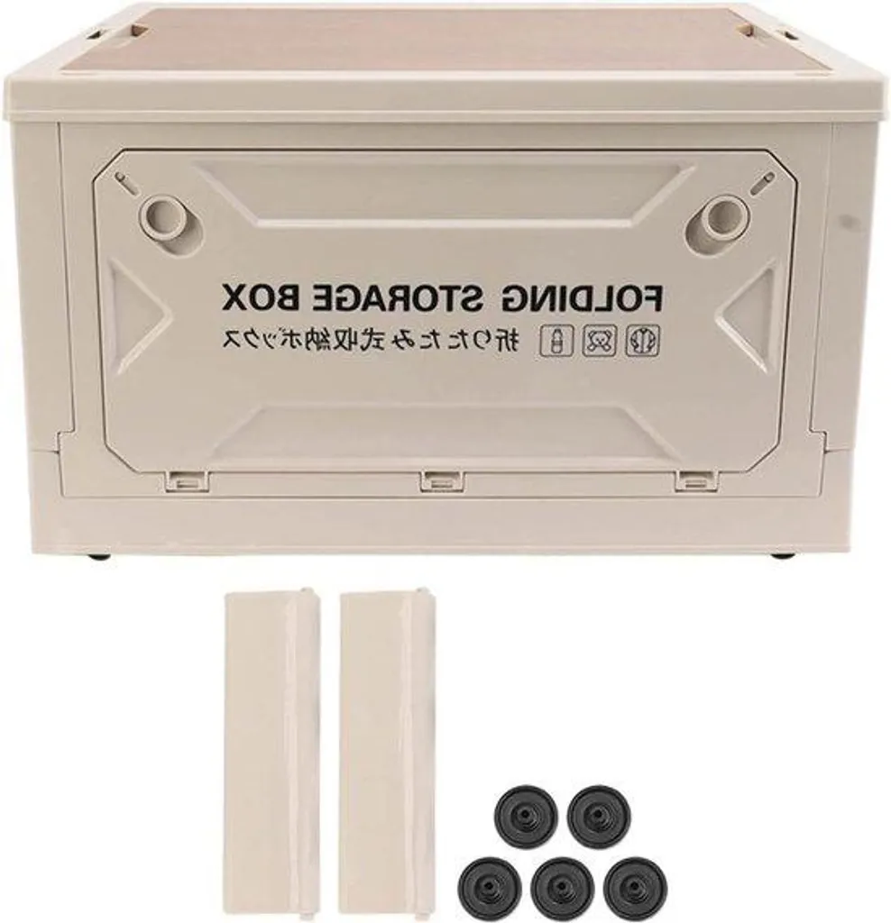 Coffre de rangement pliable 50L avec couvercle bois et roues, Gris-blanc