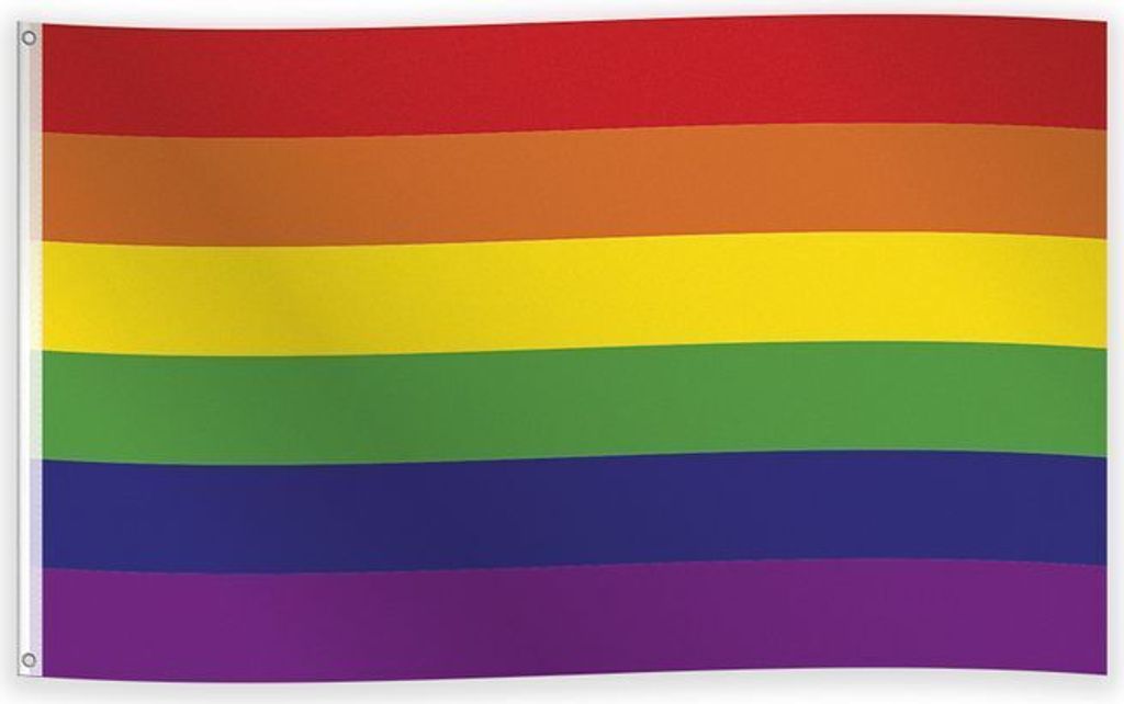 A rainbow flag with six horizontal stripes.