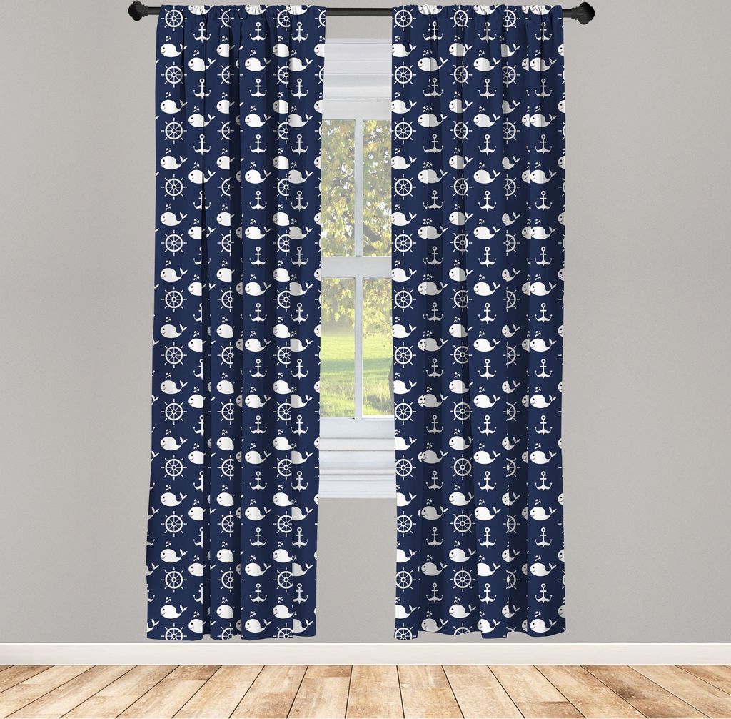 ABAKUHAUS Navy blau Vorhänge, Gardinen, Maritime Muster mit Walen Helme Anker Nautische Elemente Deep Sea Life, 2 Stück 75 x 175 cm, , Marineblau...