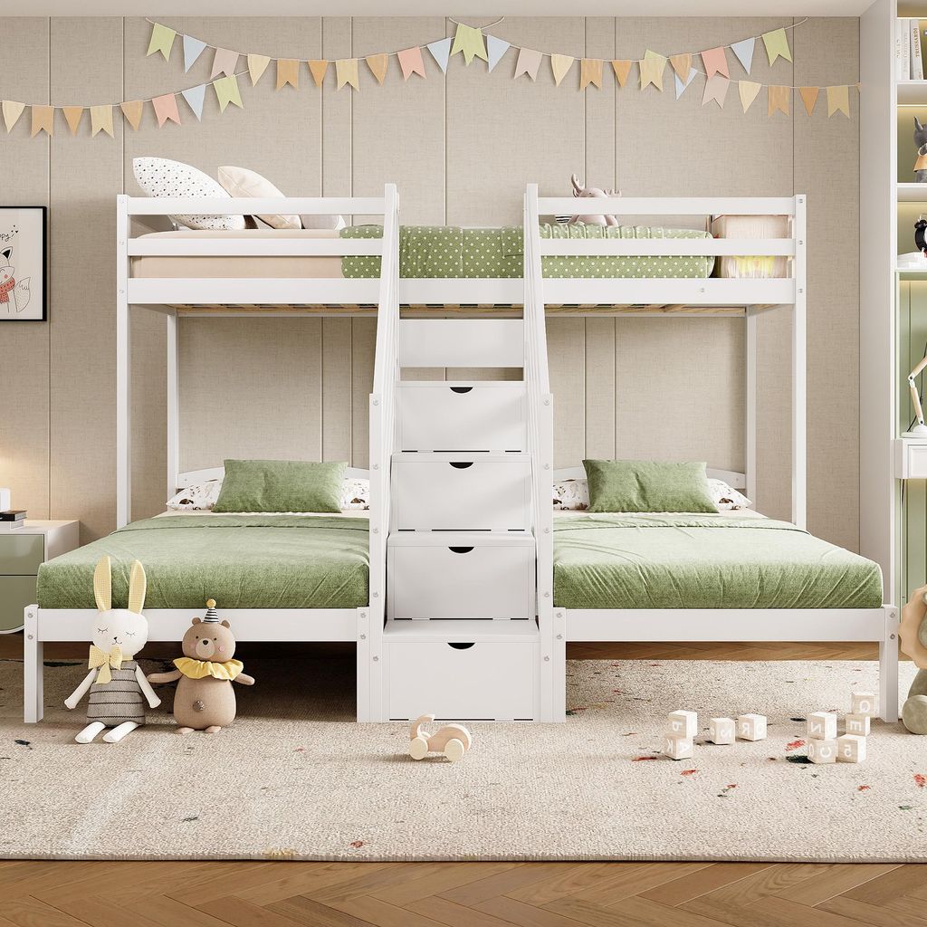 Merax Etagenbett 90x200cm , 3 Betten für Kinder, mit Stauraumleiter, Nachttisch mit Schubladen, Geländer, Stockbett Massivholz, Jugendbett, Weiß