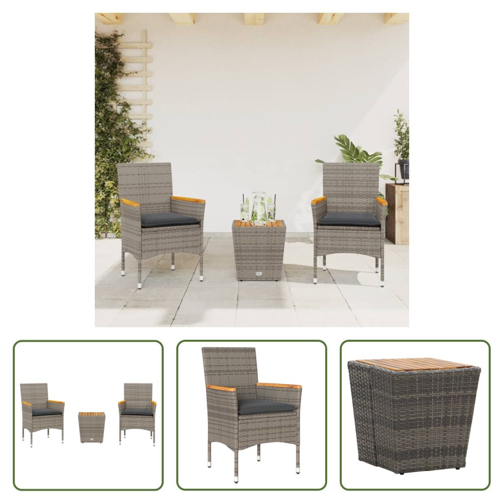 The Living Store 3-tlg. Bistro-Set mit Kissen Grau Poly Rattan und Glas