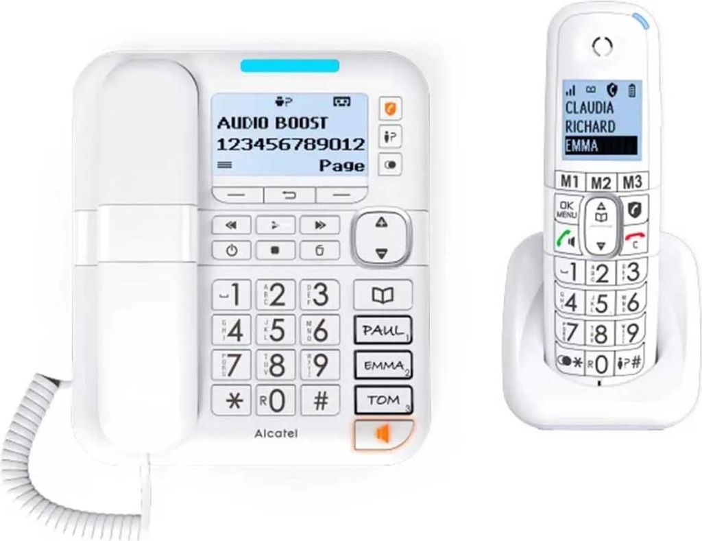 A white Alcatel cordless phone set with a base and a handset, displayed on a white background.