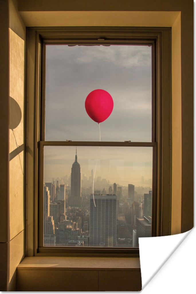 MuchoWow Poster Roter Ballon fliegt an Fenster in New York vorbei 40x60 cm - Plakate für die Wand - Poster Babyzimmer