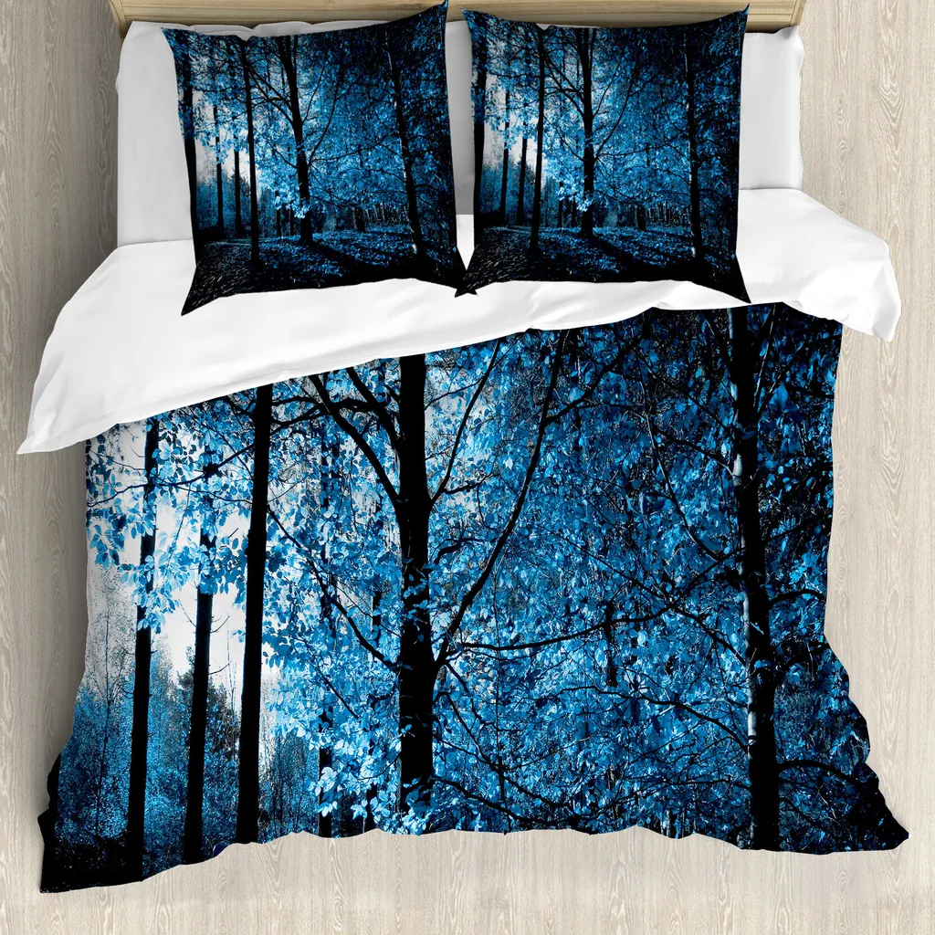 ABAKUHAUS Copripiumino Wald, Herbst-Waldland, antiacaro, adatto a chi soffre di allergie, con federe, 155 cm x 220 cm - 80 x 80 cm, blu nero