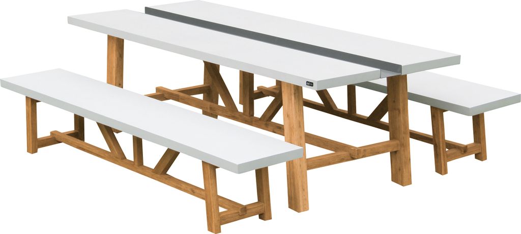 AXI Aaron Gartenset mit 2 Bänken in Weiß / Braun für 6 bis 8 Personen | Picknicktisch / Picknickbank im Kalkstein-Look mit Akazienholz | Esstisc...