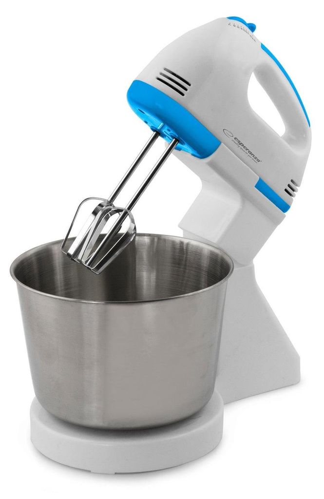 A hand mixer with a mixing bowl.