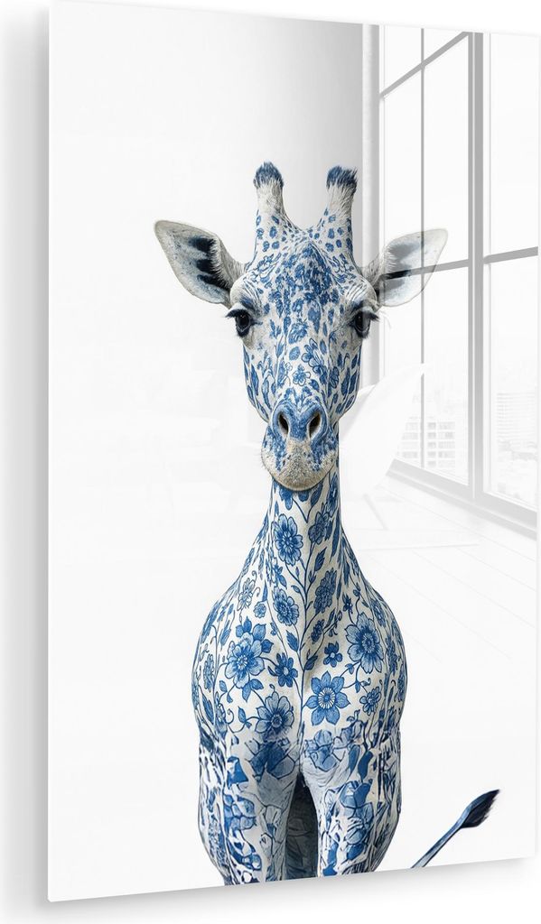 MuchoWow Glasbilder - Bilder auf Wandbild - Foto auf Glas Giraffe - Delfter Blau - Tiere - Minimalistisch 60x90 cm Wanddekoration aus Glas - Acrylg...