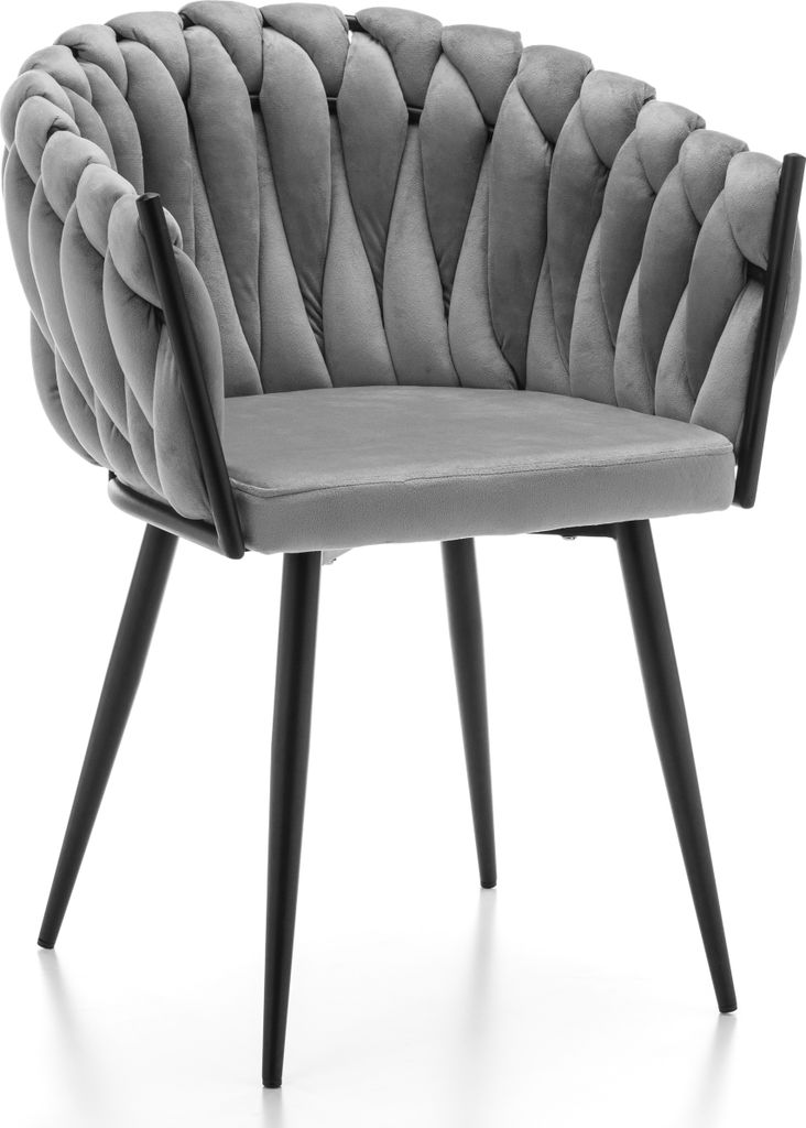 A single gray upholstered chair with black legs is shown against a white background.