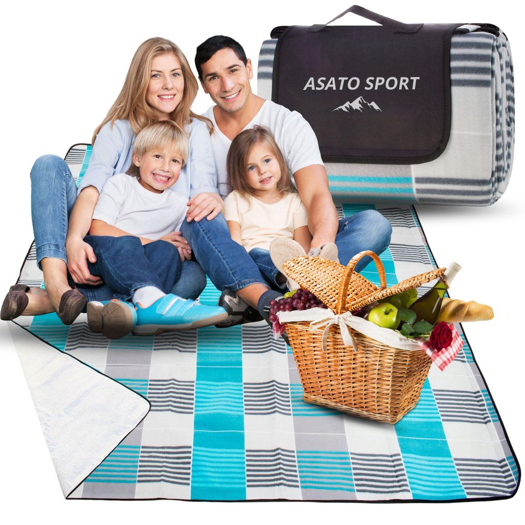 ASATO Picknickdecke 200×200 cm – wasserdicht, faltbar, mit Alu-Isolierung, Stranddecke, eine Decke für den Park, Campingdecke XXL Ultraleicht