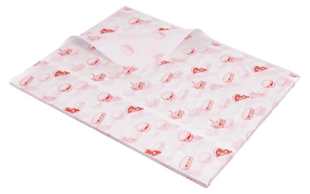 Hamburgerpapier für Snacks und Imbisse, fettdicht, 33x38cm, rot mit Neutraldruck