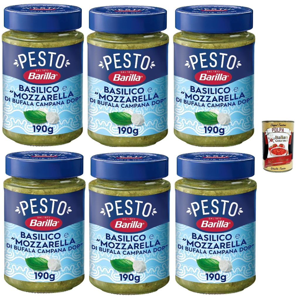 Barilla Pesto Basilico mit Büffelmozzarella DOP, 190g, 6er Pack, Glutenfrei, + Italian Gourmet polpa 400g
