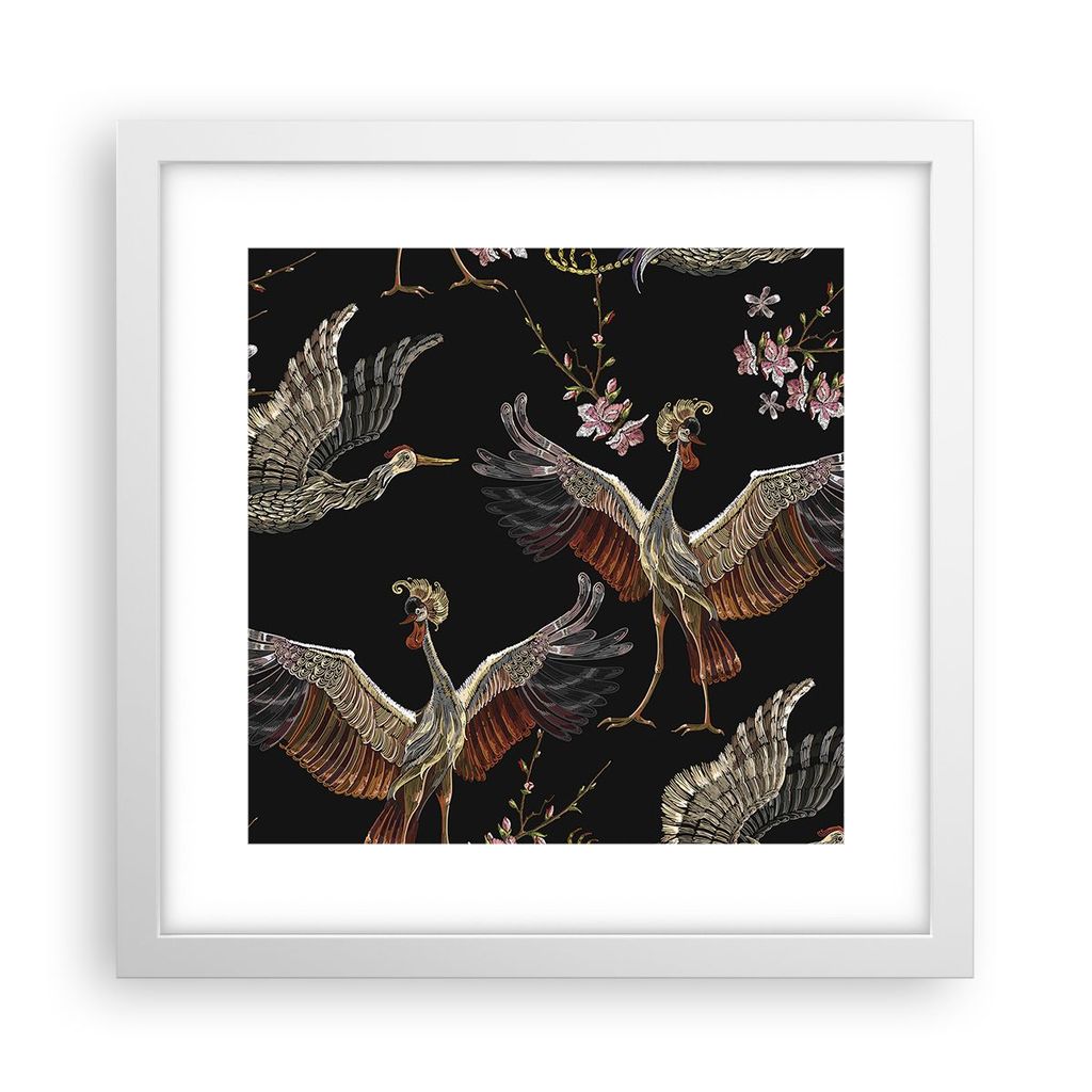 Gerahmtes Poster - Weißer Rahmen - Asiatisch Vögel Verziert - 30x30 cm - Wand Bild - Wanddeko - Wandbilder - Kunstposter - Wandposter - Bilderrah...