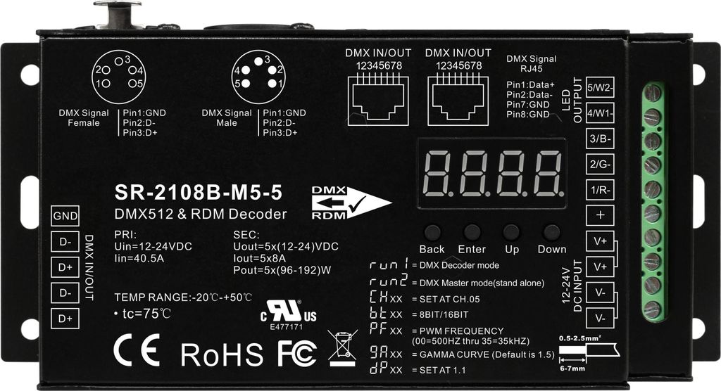 SR-2108B-M5-3 DMX512 und RDM Decoder 5-Kanal 8A 12-24V DC Metallgehäuse XLR RJ45 für RGBW LED Streifen