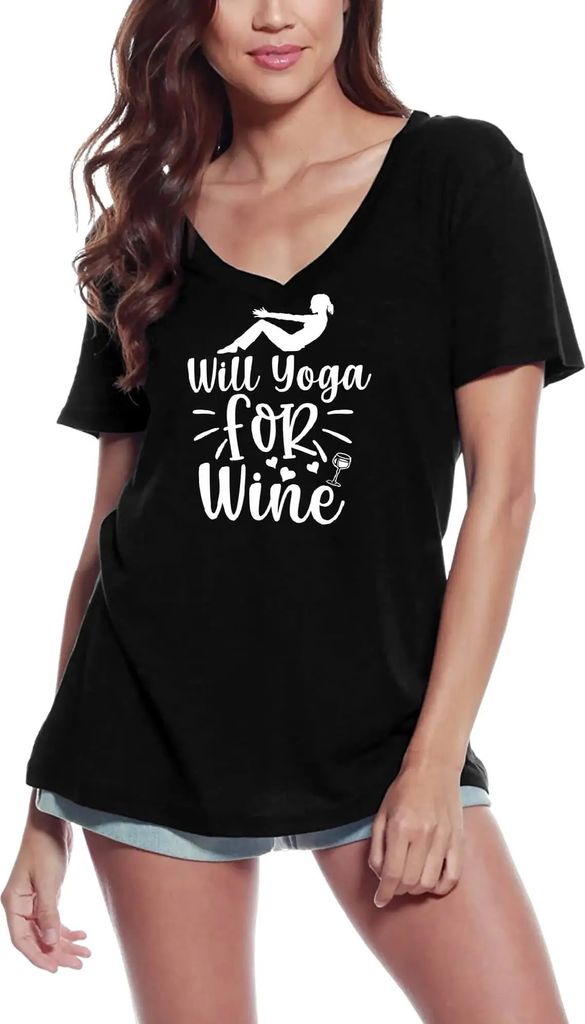 Damen Grafik T-Shirt V-Ausschnitt Wird Yoga für Wein – Will Yoga For Wine – Öko-Verantwortlich Vintage Jahrgang Kurzarm Lustige Druck Geburtstag