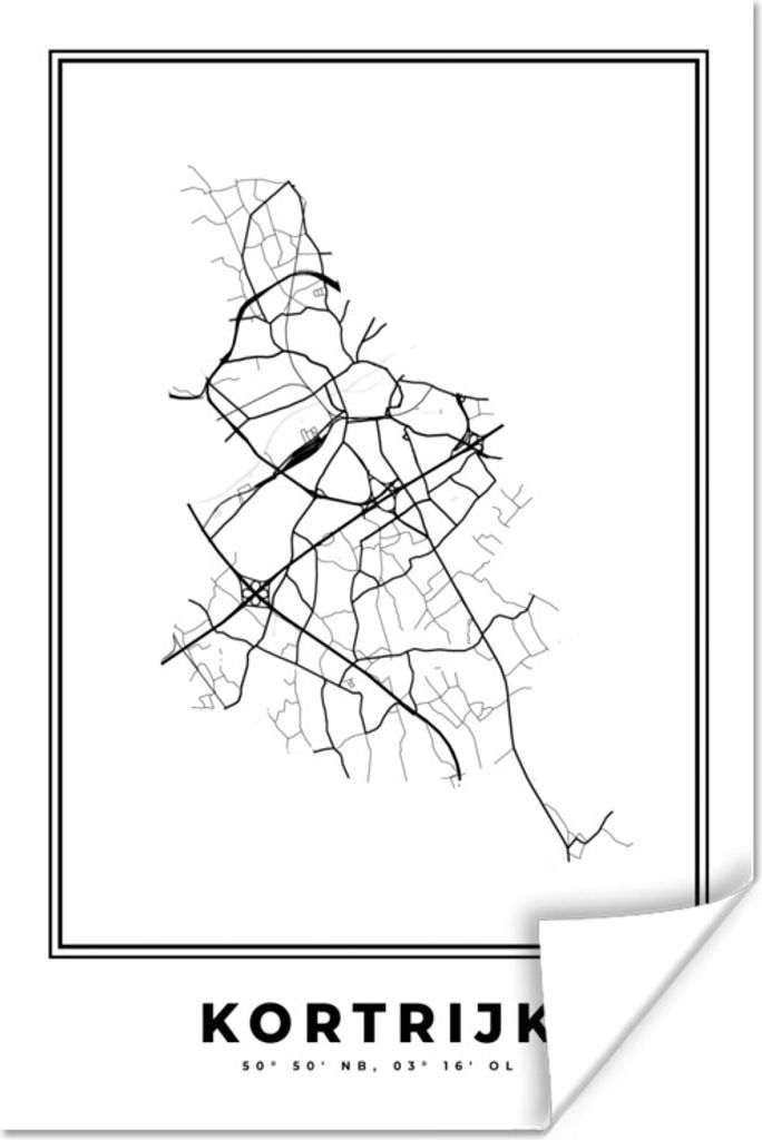 MuchoWow Poster Stadtplan - Schwarz und weiß - Karte - Kortrijk - Belgien - Karte 40x60 cm - Plakate für die Wand - Poster Babyzimmer