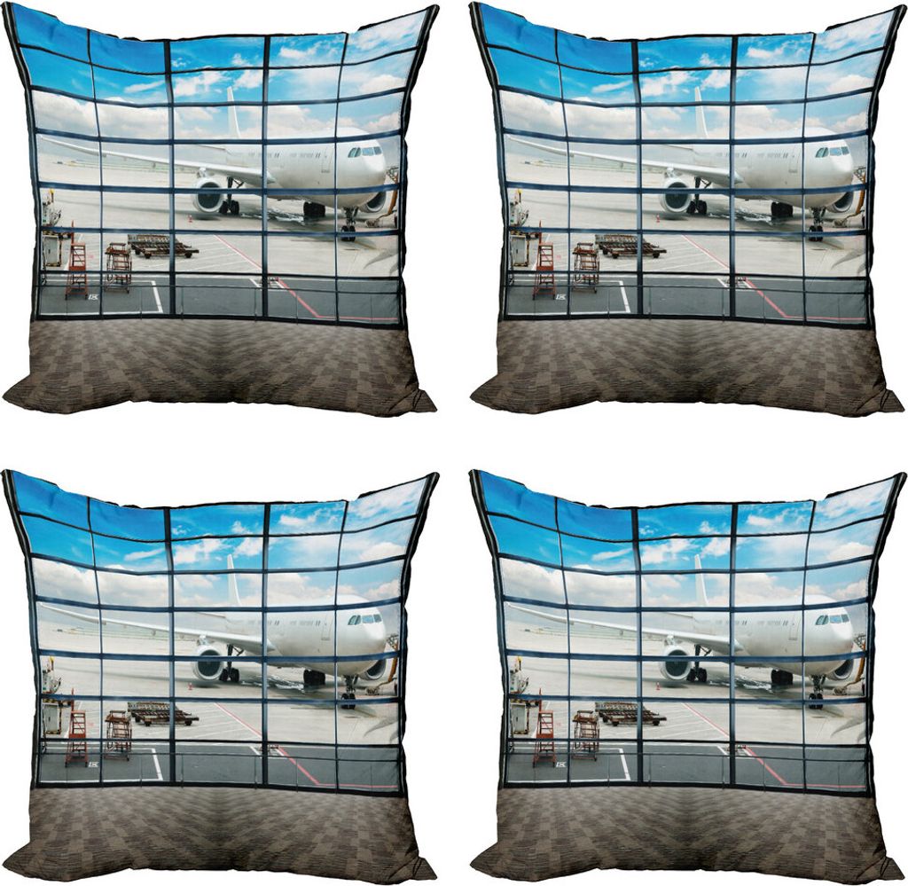 ABAKUHAUS Modern Kissenbezug Set (4 Stück), Shangai Flughafen Flugzeug, Moderner Doppelseitiger Digitaldruck, 50 cm x 50 cm, Weiß und Himmelblau