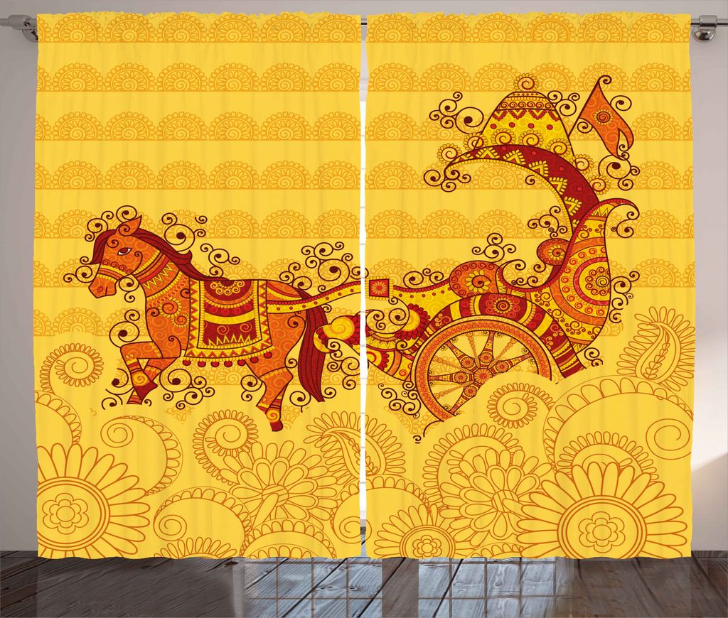 ABAKUHAUS asiatisch Rustikaler Vorhang, Folk-Design, Wohnzimmer Universalband Gardinen mit Schlaufen und Haken, 280 x 245 cm, Marigold orange und Ruby