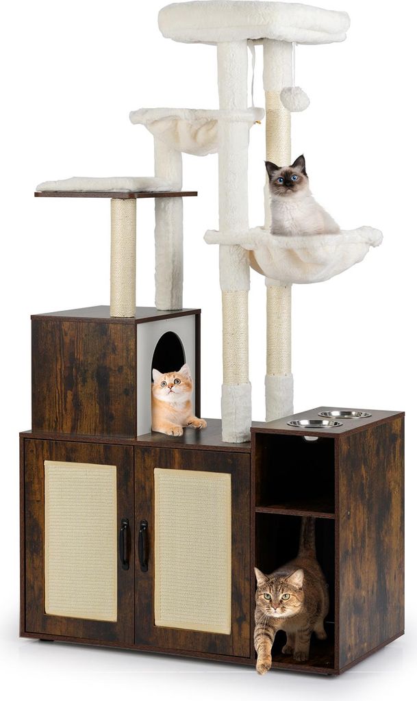 COSTWAY Kratzbaum, Katzenschrank mit Katzenklo Schrank, Sisalpfosten, 2 Hängematten, 2 Kratzmatten, Höhle&2 Futternäpfen, Katzenkratzbaum, Holz,...