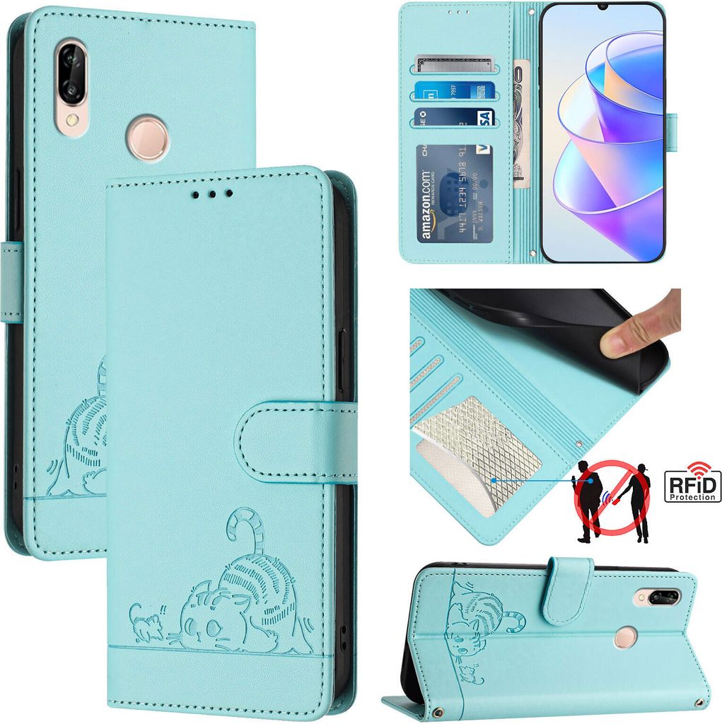 Leder Hülle für Huawei P20 Lite Süße Katze Flip Case Brieftasche Schutzhülle mit Standfunktion hellgrün
